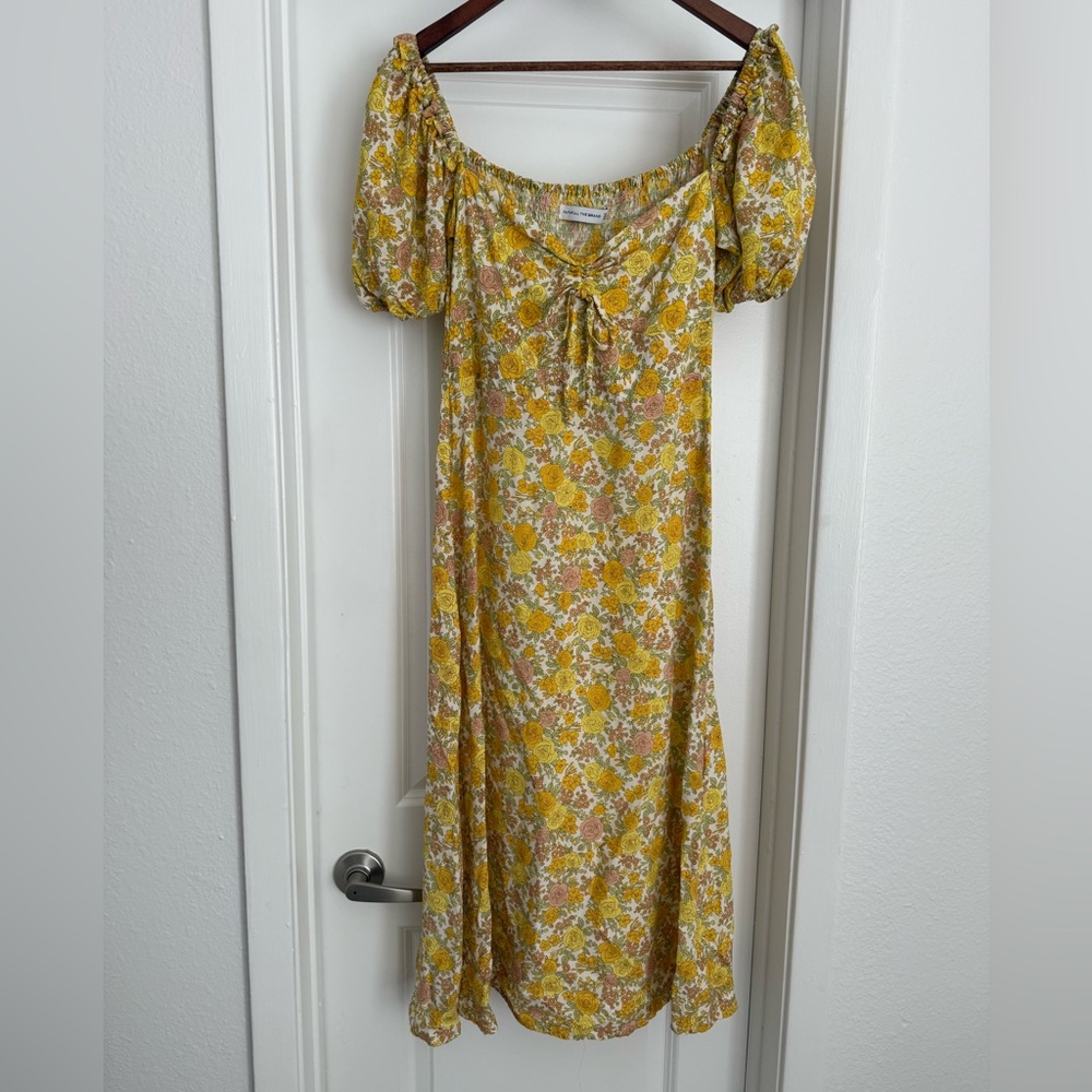 Faithfull the Brand Floral Yellow Dress Midi Square Neck Side Slit Dress